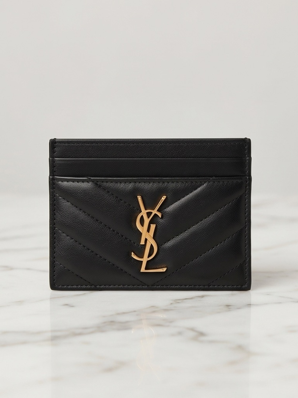 Yves Saint Laurent Black Quilted Card Holder with Gold YSL Emblem
